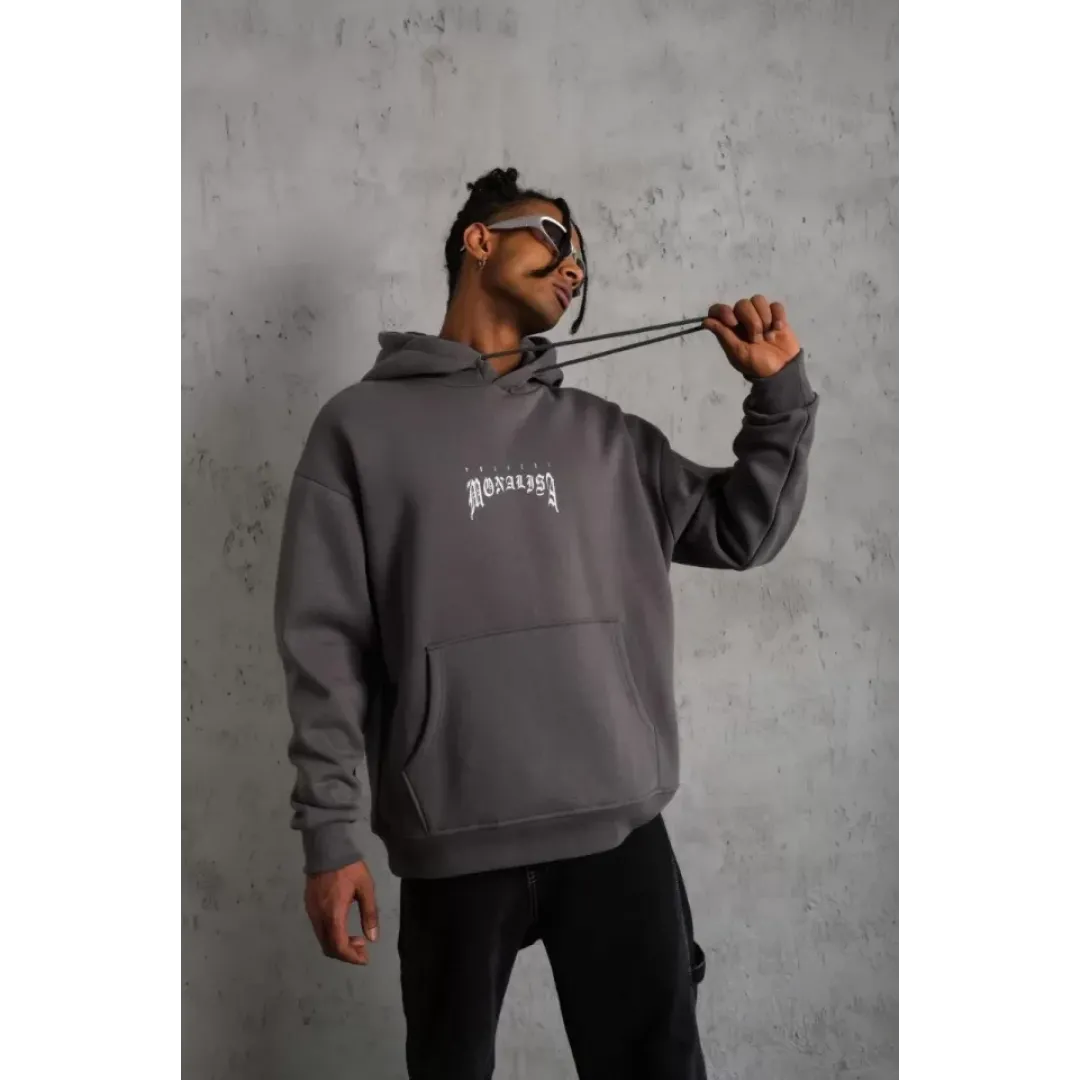 Erkek Baskılı Kapüşonlu Ve Kanguru Cepli Sweat- Gri - 92721