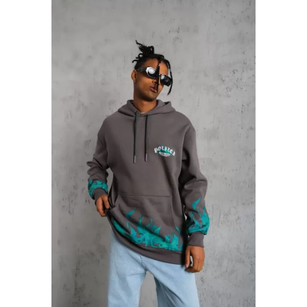 Erkek Üç İplik İçi Pamuklu Alev Baskılı Kapüşonlu Sweatshirt - Gri - 92756 Erkek Üç İplik İçi Pamuklu Alev Baskılı Kapüşonlu Sweatshirt - Gri - 92756
