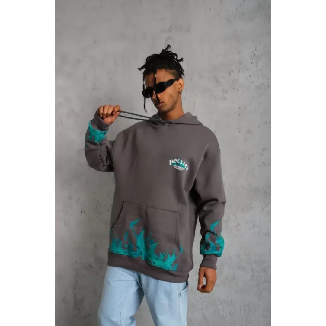 Erkek Üç İplik İçi Pamuklu Alev Baskılı Kapüşonlu Sweatshirt - Gri - 92756 Erkek Üç İplik İçi Pamuklu Alev Baskılı Kapüşonlu Sweatshirt - Gri - 92756