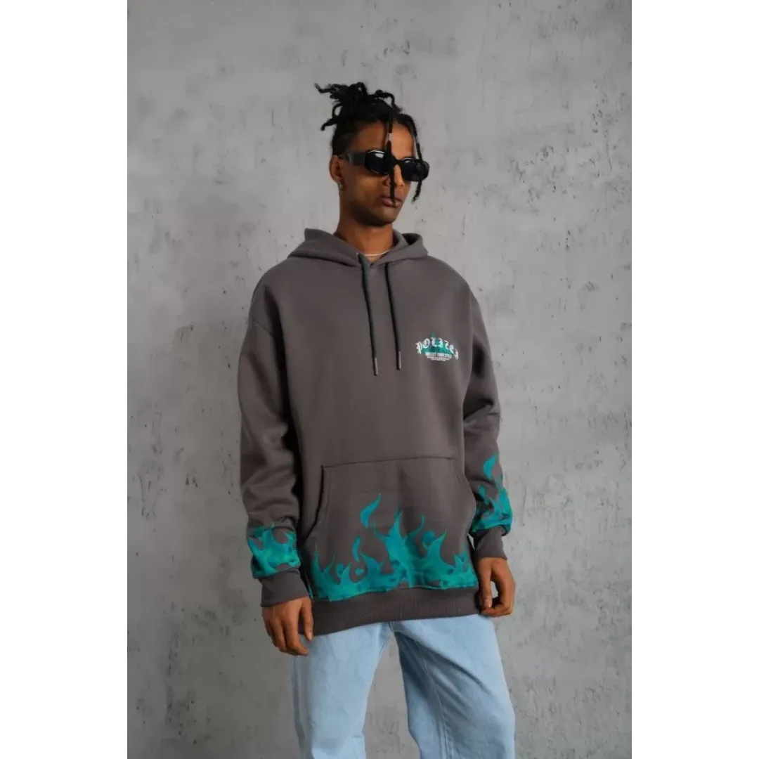 Erkek Üç İplik İçi Pamuklu Alev Baskılı Kapüşonlu Sweatshirt - Gri - 92756 Erkek Üç İplik İçi Pamuklu Alev Baskılı Kapüşonlu Sweatshirt - Gri - 92756
