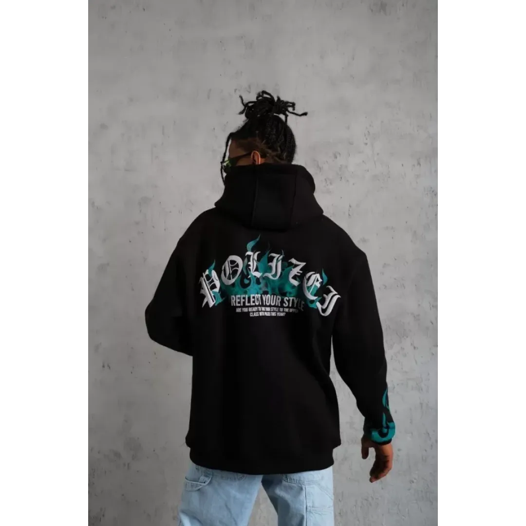 Erkek Üç İplik İçi Pamuklu Alev Baskılı Kapüşonlu Sweatshirt - Siyah - 92757 Erkek Üç İplik İçi Pamuklu Alev Baskılı Kapüşonlu Sweatshirt - Siyah - 92757