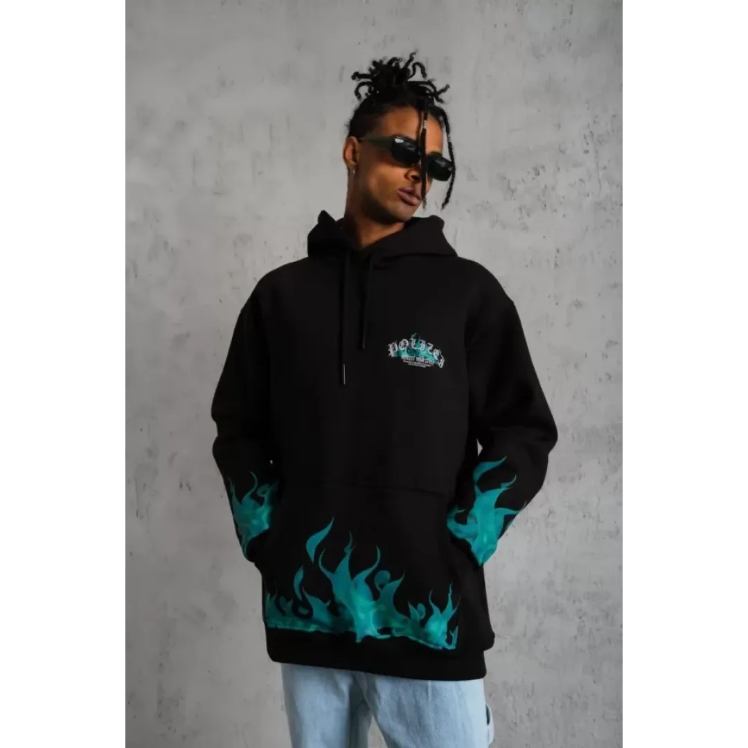 Erkek Üç İplik İçi Pamuklu Alev Baskılı Kapüşonlu Sweatshirt - Siyah - 92757 Erkek Üç İplik İçi Pamuklu Alev Baskılı Kapüşonlu Sweatshirt - Siyah - 92757