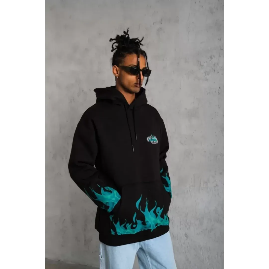 Erkek Üç İplik İçi Pamuklu Alev Baskılı Kapüşonlu Sweatshirt - Siyah - 92757 Erkek Üç İplik İçi Pamuklu Alev Baskılı Kapüşonlu Sweatshirt - Siyah - 92757