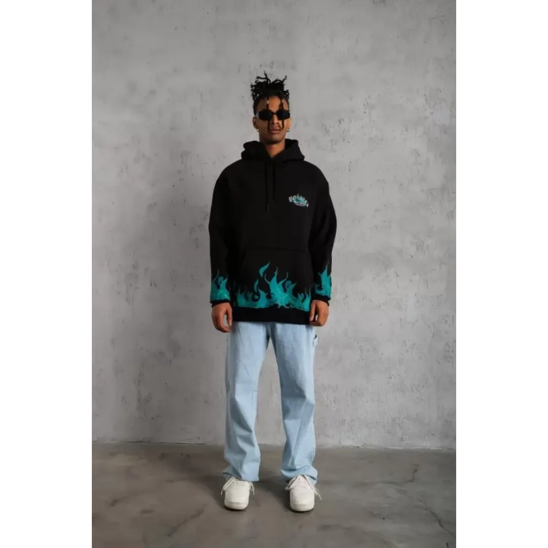 Erkek Üç İplik İçi Pamuklu Alev Baskılı Kapüşonlu Sweatshirt - Siyah - 92757 Erkek Üç İplik İçi Pamuklu Alev Baskılı Kapüşonlu Sweatshirt - Siyah - 92757