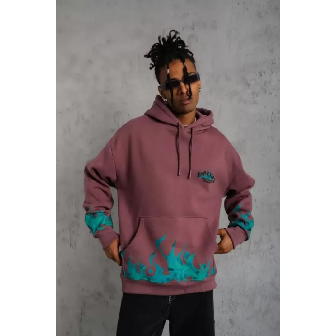 Erkek Üç İplik Içi Pamuklu Alev Baskılı Kapüşonlu Sweatshirt - Gül Kurusu - 92758 Erkek Üç İplik Içi Pamuklu Alev Baskılı Kapüşonlu Sweatshirt - Gül Kurusu - 92758