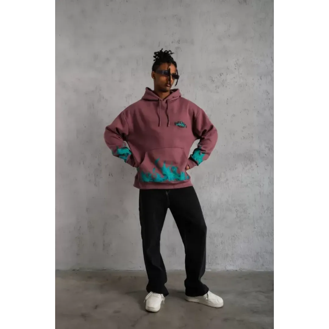Erkek Üç İplik Içi Pamuklu Alev Baskılı Kapüşonlu Sweatshirt - Gül Kurusu - 92758 Erkek Üç İplik Içi Pamuklu Alev Baskılı Kapüşonlu Sweatshirt - Gül Kurusu - 92758