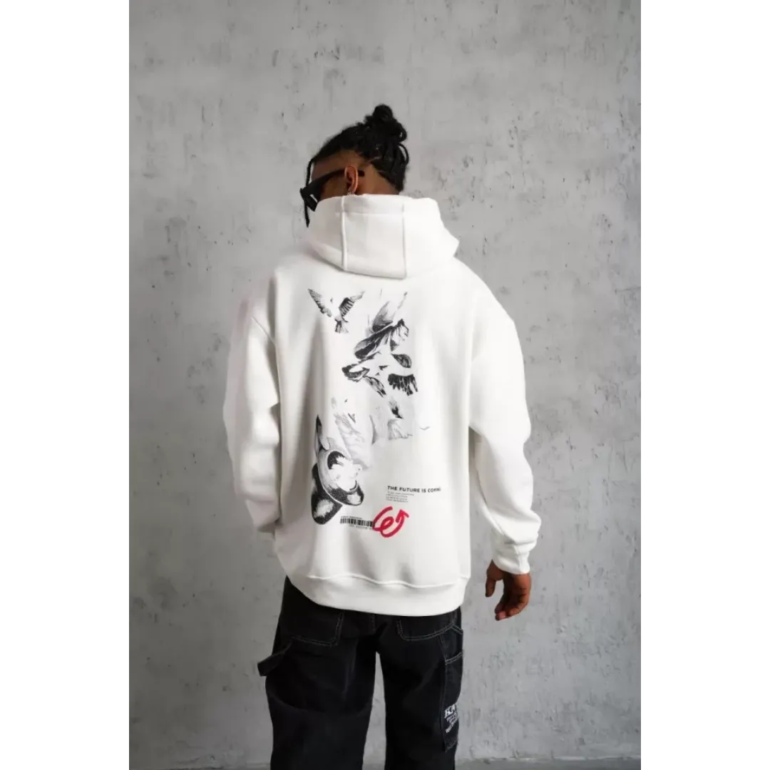 Erkek Şapkalı Güvercin Baskılı Kapşonlu Sweat - Beyaz - 92769 Erkek Şapkalı Güvercin Baskılı Kapşonlu Sweat - Beyaz - 92769