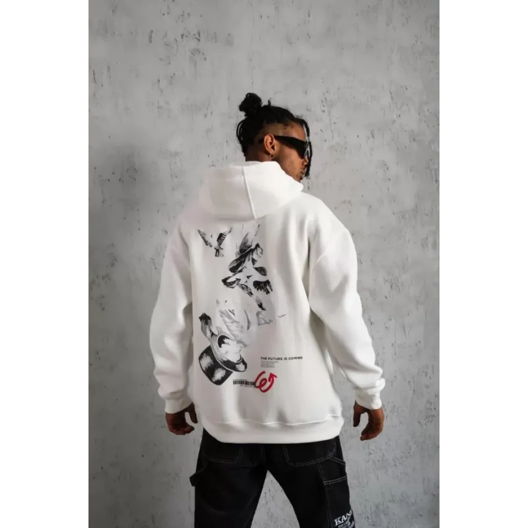 Erkek Şapkalı Güvercin Baskılı Kapşonlu Sweat - Beyaz - 92769 Erkek Şapkalı Güvercin Baskılı Kapşonlu Sweat - Beyaz - 92769