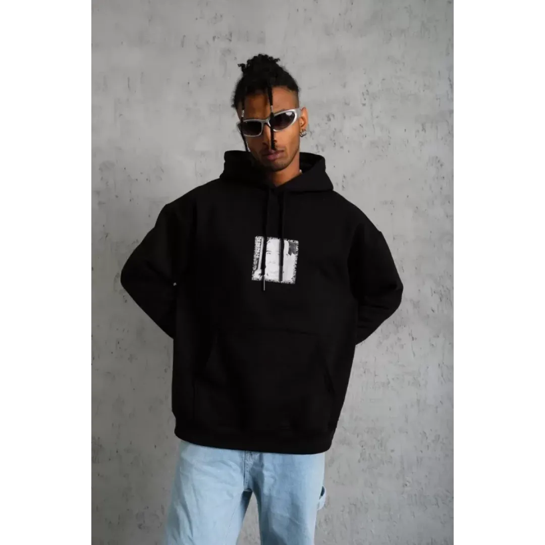 Erkek Ön Arka Baskılı Kapşonlu Sweat - Siyah - 92780