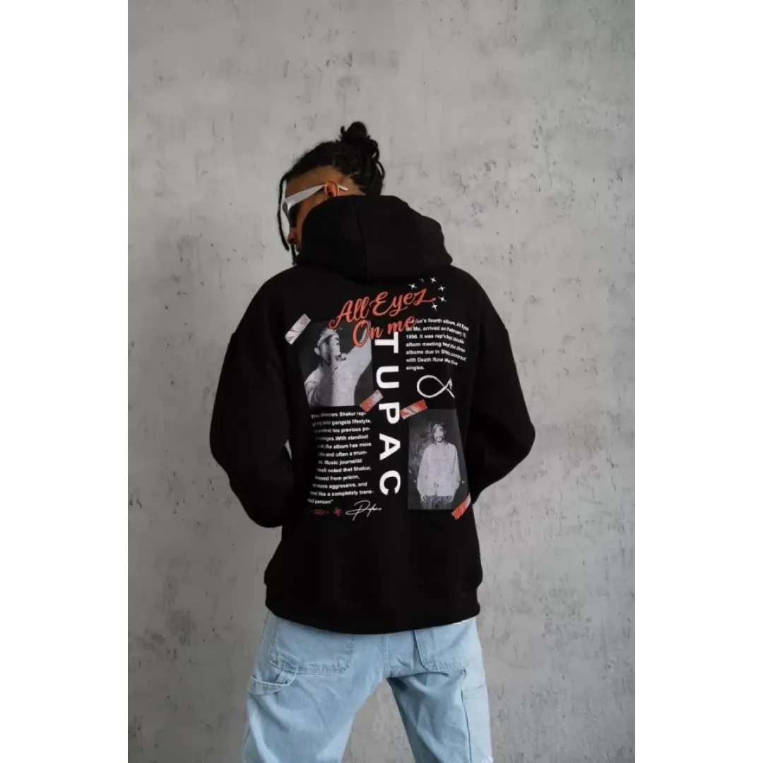 Erkek Ön Arka Baskılı Kapşonlu Sweat - Siyah - 92780