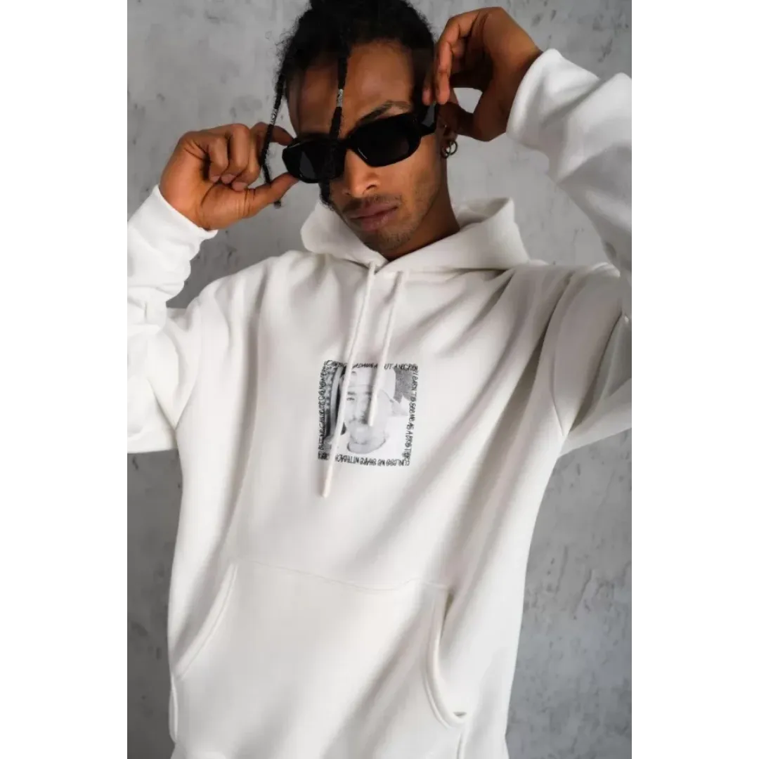 Erkek Ön Arka Baskılı Kapşonlu Sweat - Beyaz - 92781 Erkek Ön Arka Baskılı Kapşonlu Sweat - Beyaz - 92781
