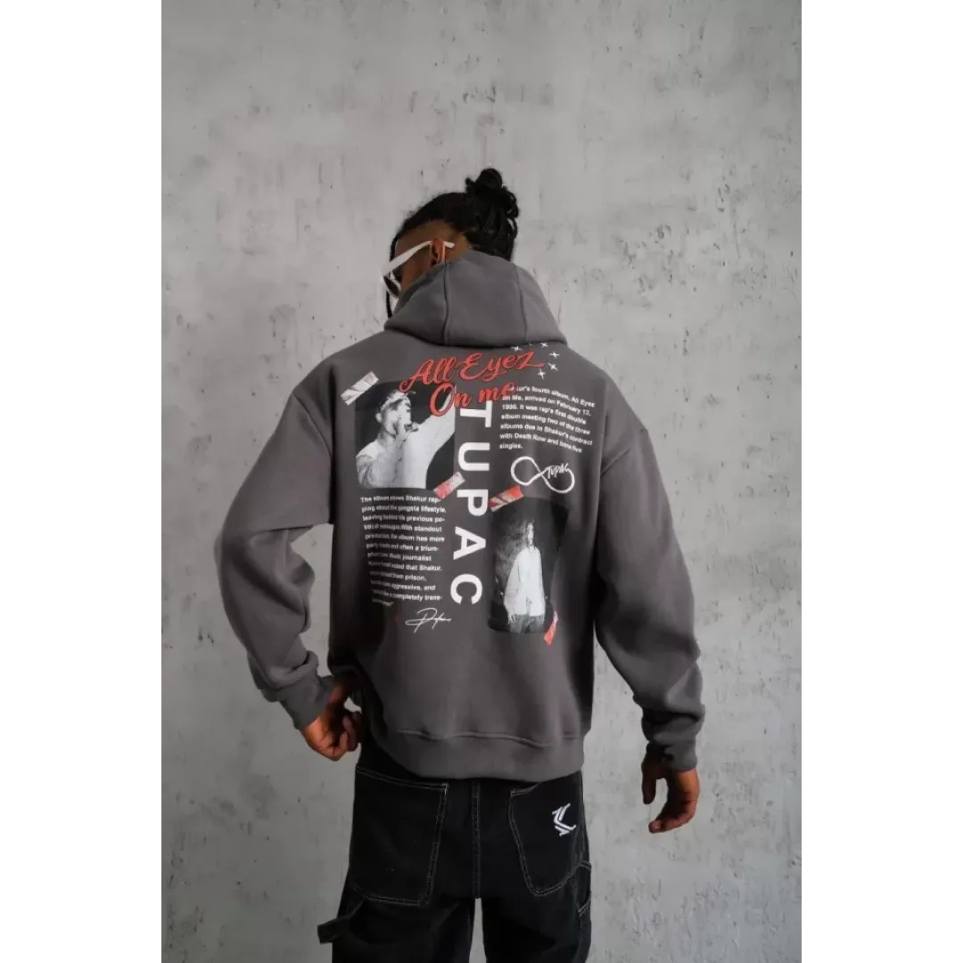 Erkek Ön Arka Baskılı Kapşonlu Sweat - Gri - 92782