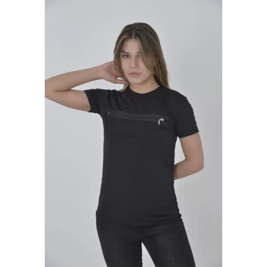 Göğüste Fermuar Aksesuarlı Dar Kalıp T-Shirt - Siyah - 92822 Göğüste Fermuar Aksesuarlı Dar Kalıp T-Shirt - Siyah - 92822