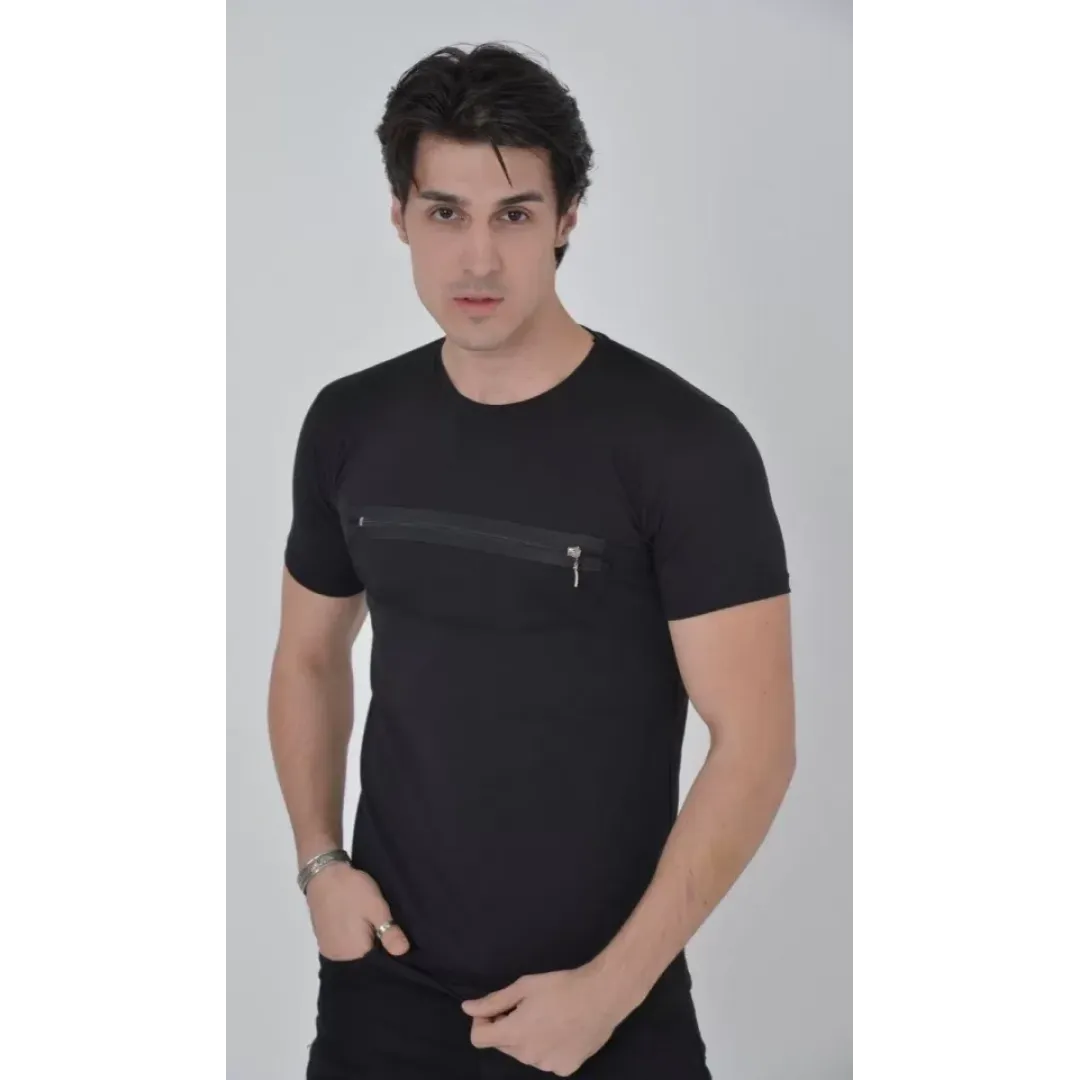 Erkek Göğüste Fermuar Aksesuarlı Dar Kalıp T-Shirt - Siyah - 92823 Erkek Göğüste Fermuar Aksesuarlı Dar Kalıp T-Shirt - Siyah - 92823