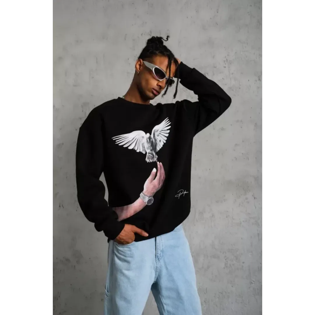 Erkek Güvercin Baskılı Sweatshirt - Siyah - 92827 Erkek Güvercin Baskılı Sweatshirt - Siyah - 92827