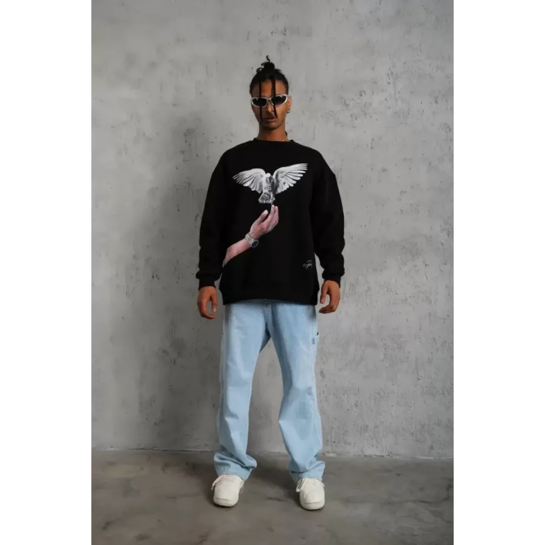 Erkek Güvercin Baskılı Sweatshirt - Siyah - 92827 Erkek Güvercin Baskılı Sweatshirt - Siyah - 92827