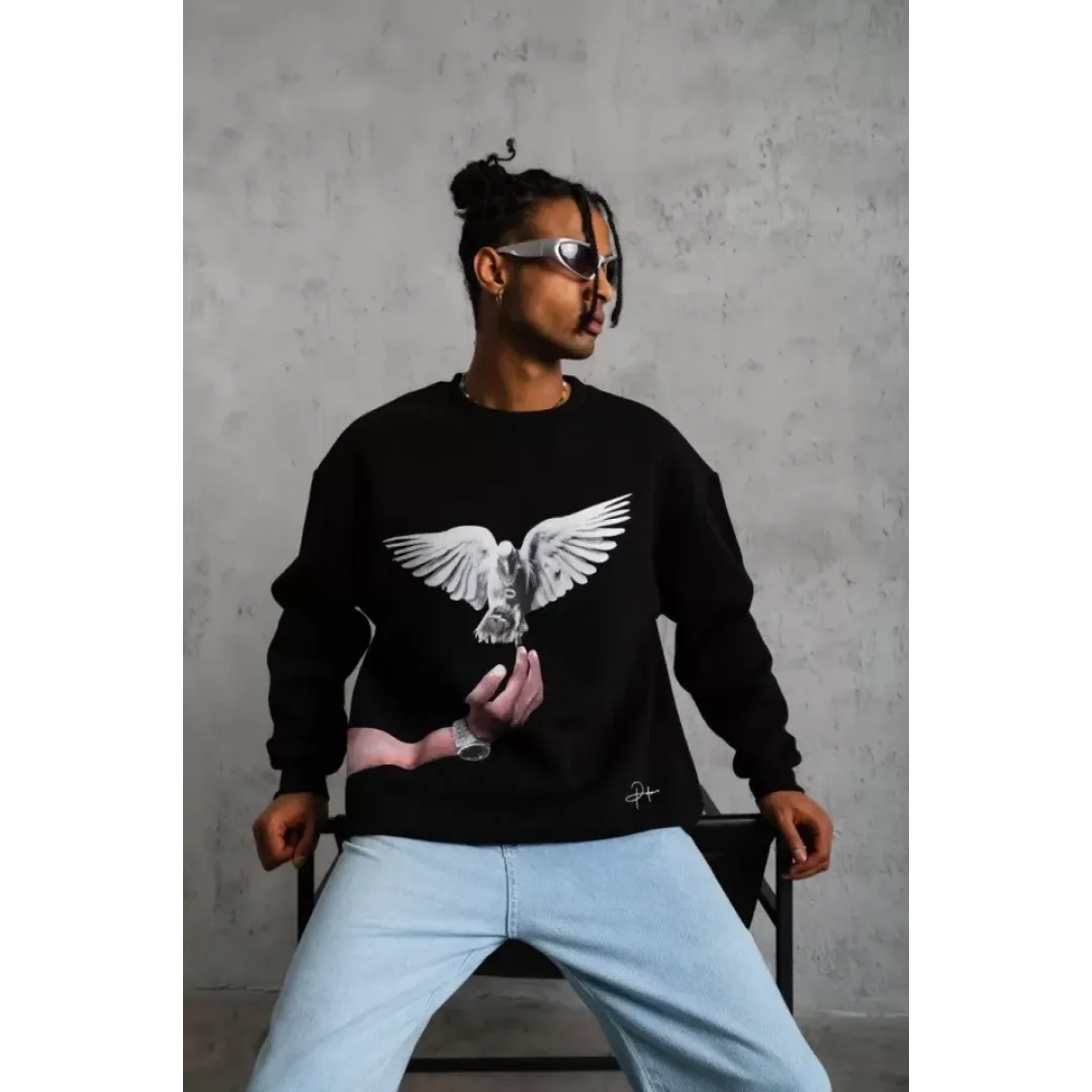 Erkek Güvercin Baskılı Sweatshirt - Siyah - 92827 Erkek Güvercin Baskılı Sweatshirt - Siyah - 92827