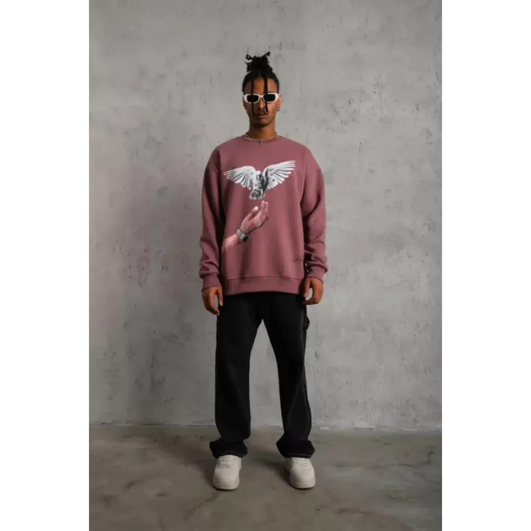 Erkek Güvercin Baskılı Sweatshirt - Gül Kurusu - 92828 Erkek Güvercin Baskılı Sweatshirt - Gül Kurusu - 92828