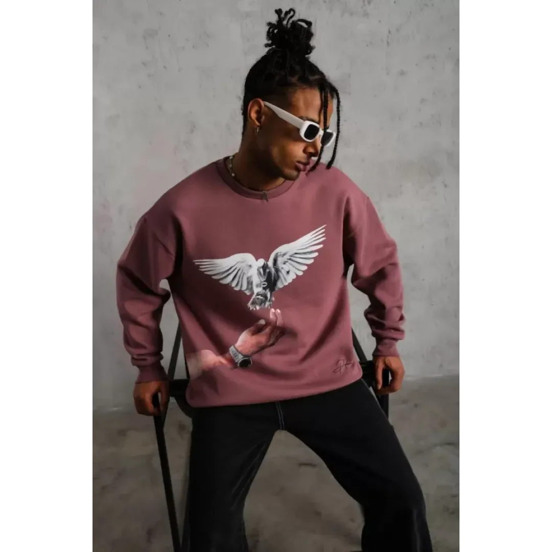 Erkek Güvercin Baskılı Sweatshirt - Gül Kurusu - 92828 Erkek Güvercin Baskılı Sweatshirt - Gül Kurusu - 92828