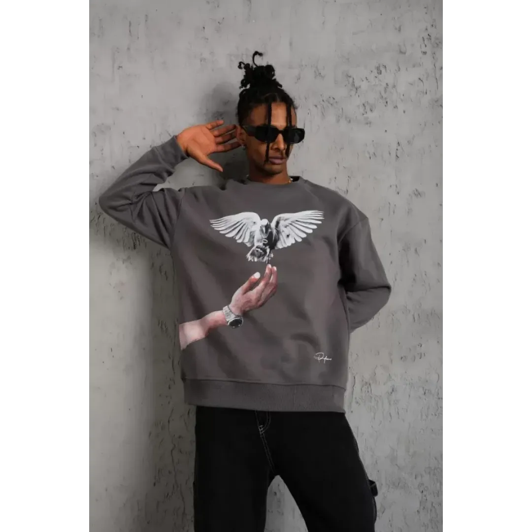 Erkek Güvercin Baskılı Sweatshirt - Gri - 92830 Erkek Güvercin Baskılı Sweatshirt - Gri - 92830