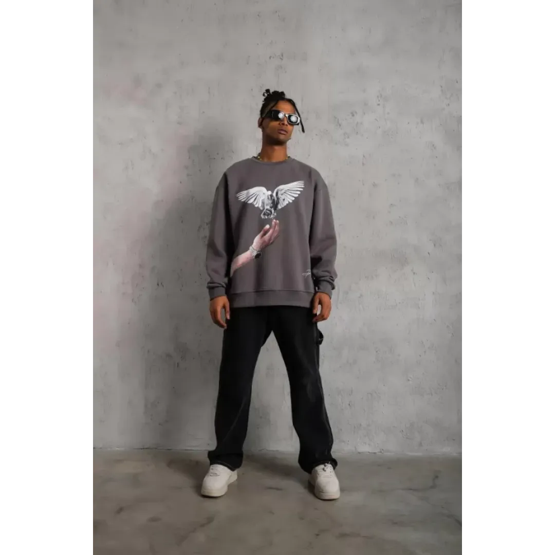 Erkek Güvercin Baskılı Sweatshirt - Gri - 92830 Erkek Güvercin Baskılı Sweatshirt - Gri - 92830
