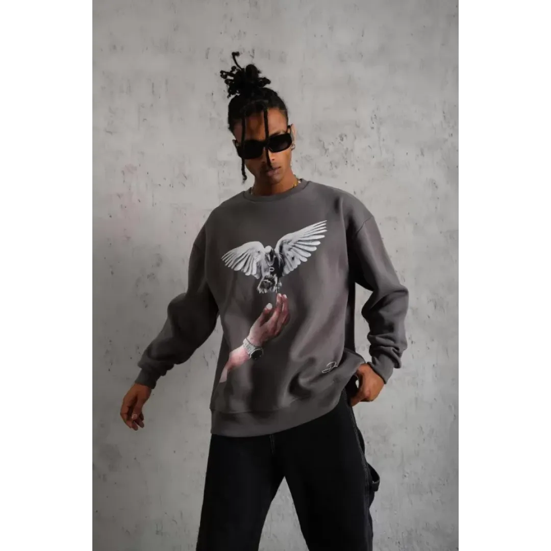 Erkek Güvercin Baskılı Sweatshirt - Gri - 92830 Erkek Güvercin Baskılı Sweatshirt - Gri - 92830