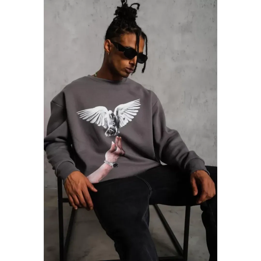 Erkek Güvercin Baskılı Sweatshirt - Gri - 92830 Erkek Güvercin Baskılı Sweatshirt - Gri - 92830