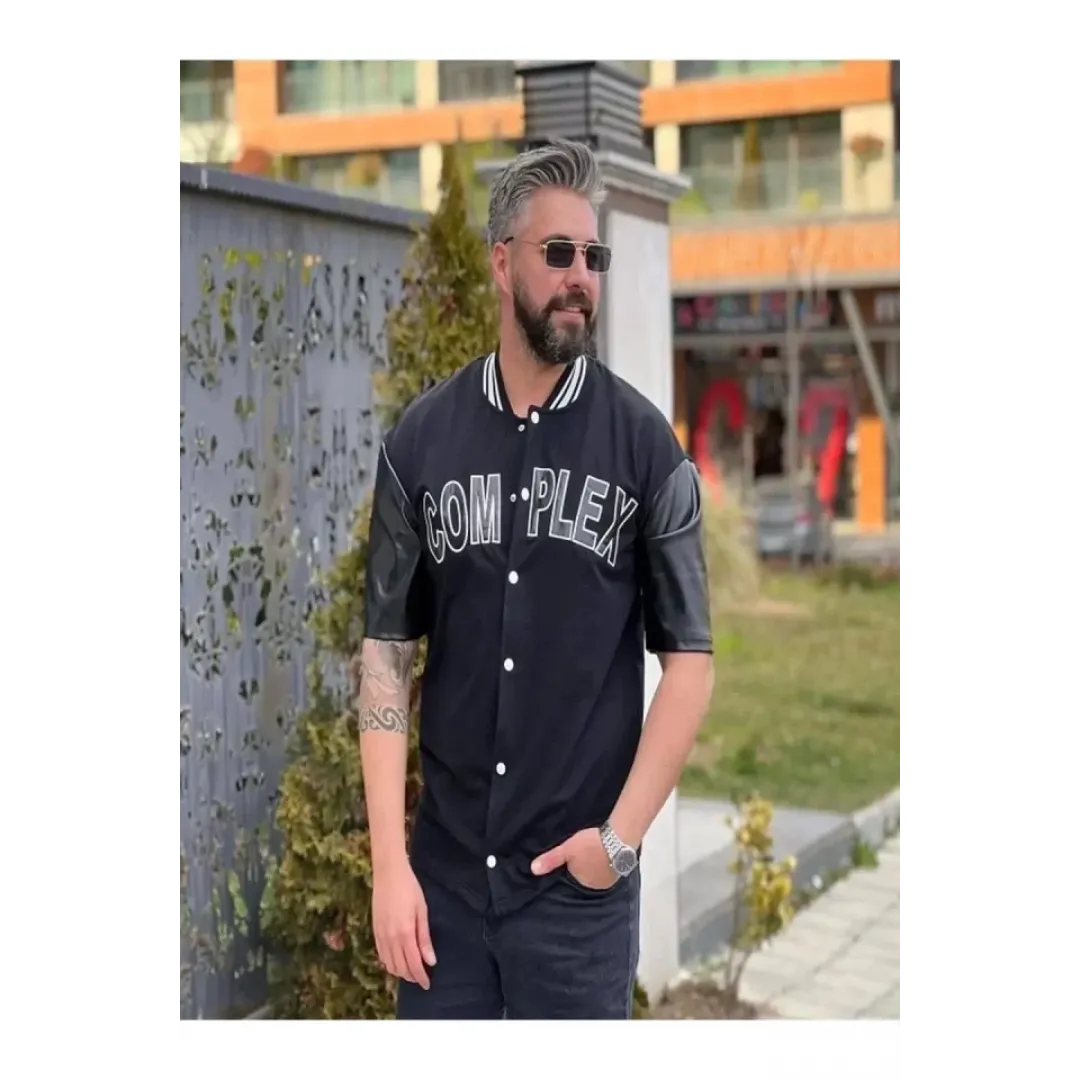 Erkek Complex Kolları Deri Kolej Oversize T-shirt - Siyah - 92840 Erkek Complex Kolları Deri Kolej Oversize T-shirt - Siyah - 92840