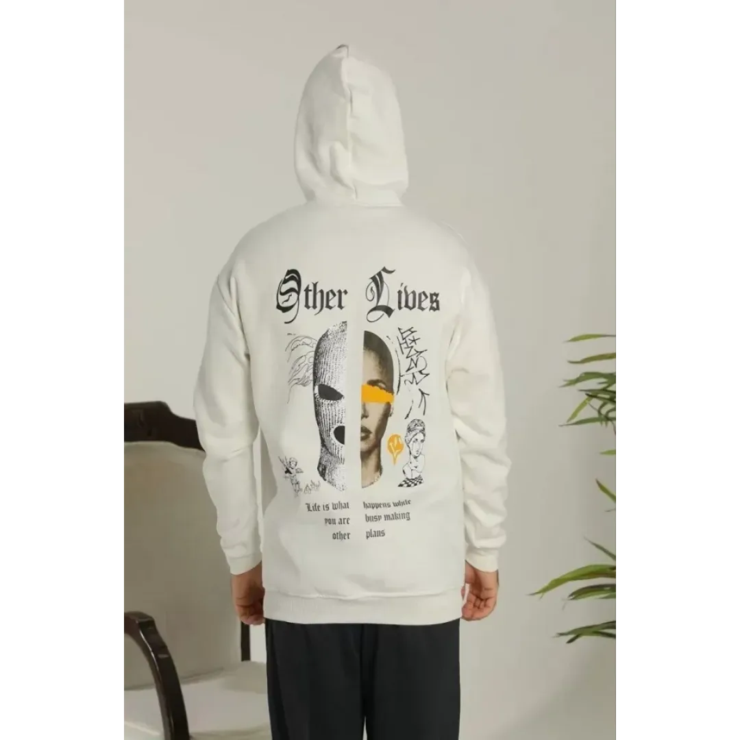 Erkek Sırt Baskılı Oversize Üç İplik Kapüşonlu Sweatshirt - Beyaz