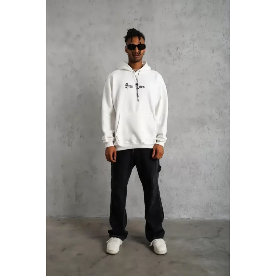 Erkek Sırt Baskılı Oversize Üç İplik Kapüşonlu Sweatshirt - Beyaz - 92846 Erkek Sırt Baskılı Oversize Üç İplik Kapüşonlu Sweatshirt - Beyaz - 92846