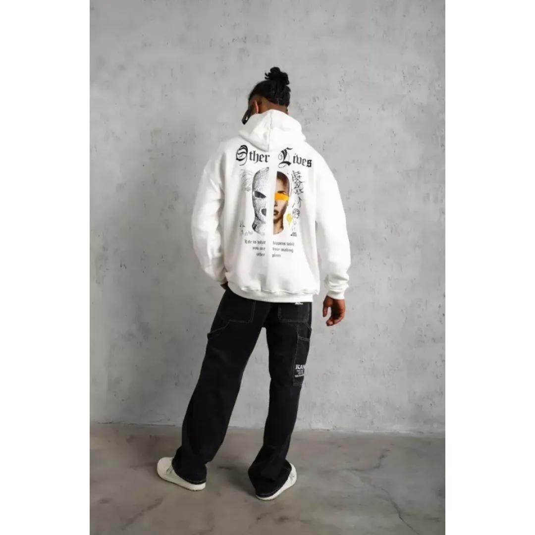 Erkek Sırt Baskılı Oversize Üç İplik Kapüşonlu Sweatshirt - Beyaz - 92846 Erkek Sırt Baskılı Oversize Üç İplik Kapüşonlu Sweatshirt - Beyaz - 92846