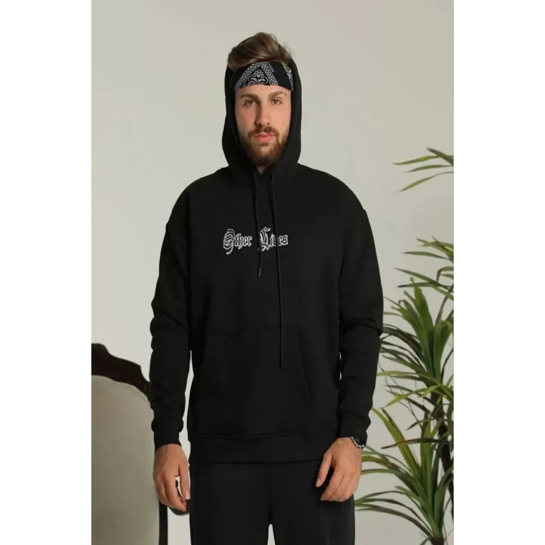 Erkek Sırt Baskılı Oversize Üç İplik Kapüşonlu Sweatshirt - Siyah - 92847 Erkek Sırt Baskılı Oversize Üç İplik Kapüşonlu Sweatshirt - Siyah - 92847