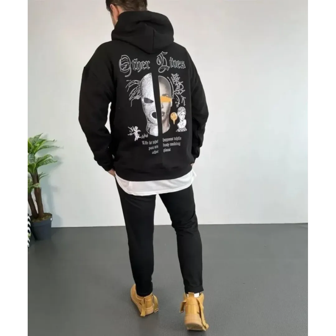 Erkek Sırt Baskılı Oversize Üç İplik Kapüşonlu Sweatshirt - Siyah - 92847 Erkek Sırt Baskılı Oversize Üç İplik Kapüşonlu Sweatshirt - Siyah - 92847