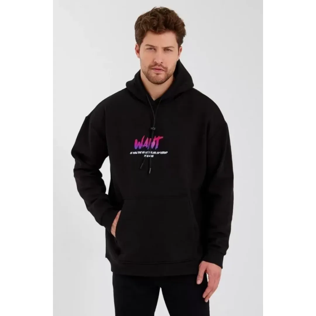 Erkek Baskılı Üç İplik Kapüşonlu Oversize Sweatshirt - Siyah - 92848 Erkek Baskılı Üç İplik Kapüşonlu Oversize Sweatshirt - Siyah - 92848