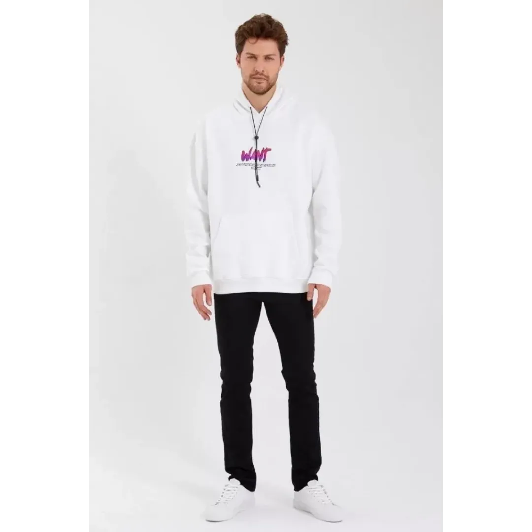 Erkek Baskılı Üç İplik Kapüşonlu Oversize Sweatshirt - Beyaz - 92849 Erkek Baskılı Üç İplik Kapüşonlu Oversize Sweatshirt - Beyaz - 92849