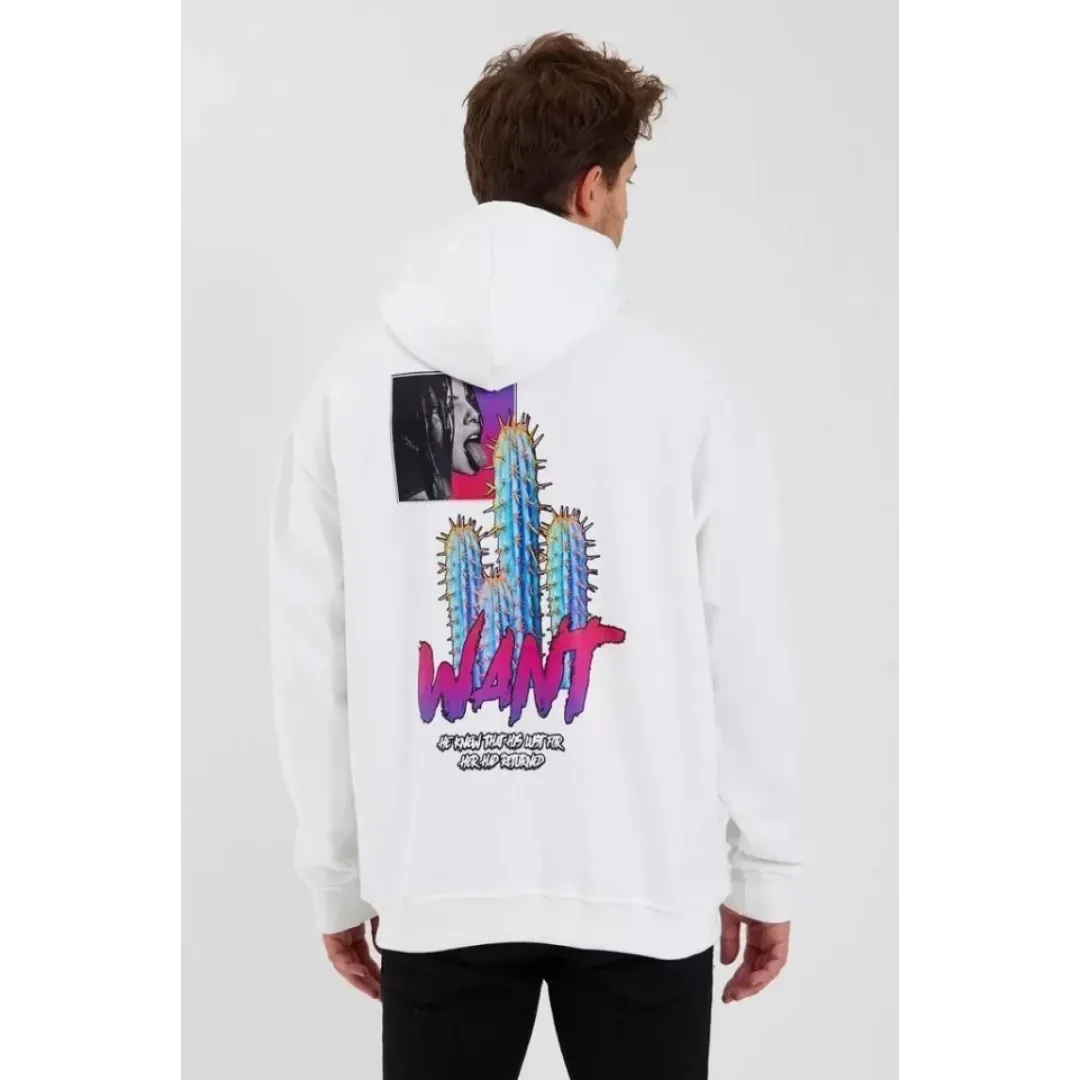 Erkek Baskılı Üç İplik Kapüşonlu Oversize Sweatshirt - Beyaz - 92849 Erkek Baskılı Üç İplik Kapüşonlu Oversize Sweatshirt - Beyaz - 92849