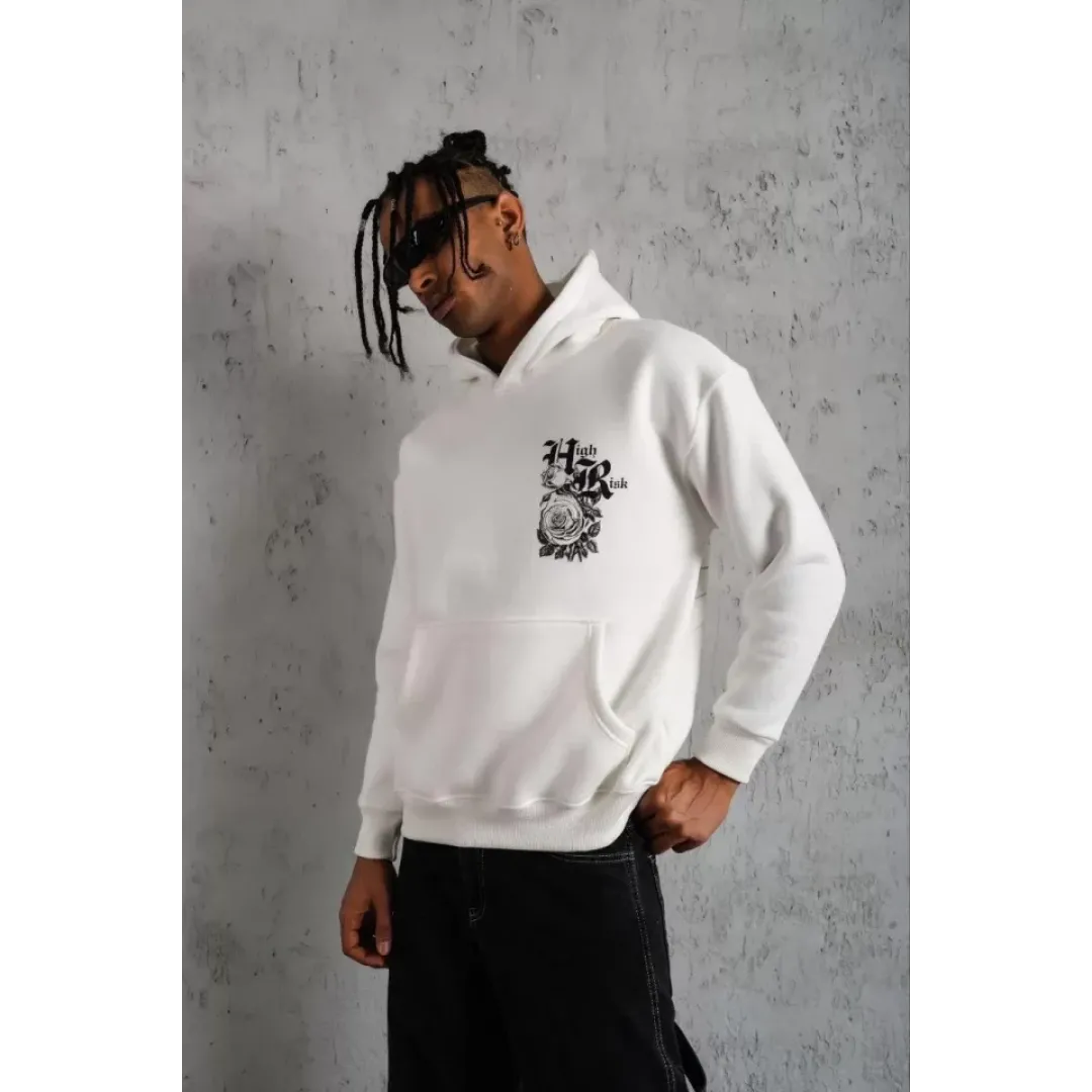 Erkek Baskılı Kapşonlu Sweat - Beyaz - 92983