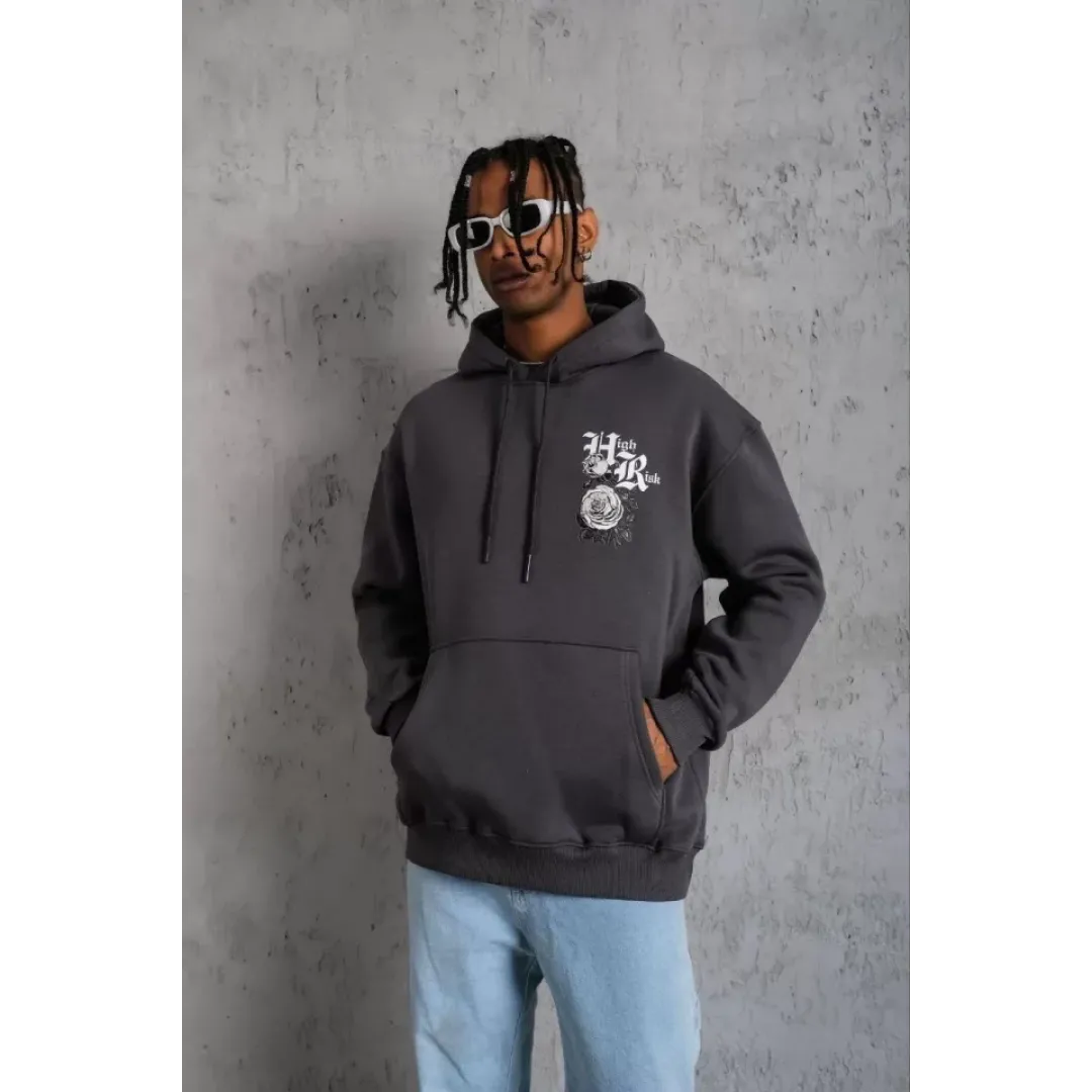 Erkek Baskılı Kapşonlu Sweat - Füme - 92985 Erkek Baskılı Kapşonlu Sweat - Füme - 92985