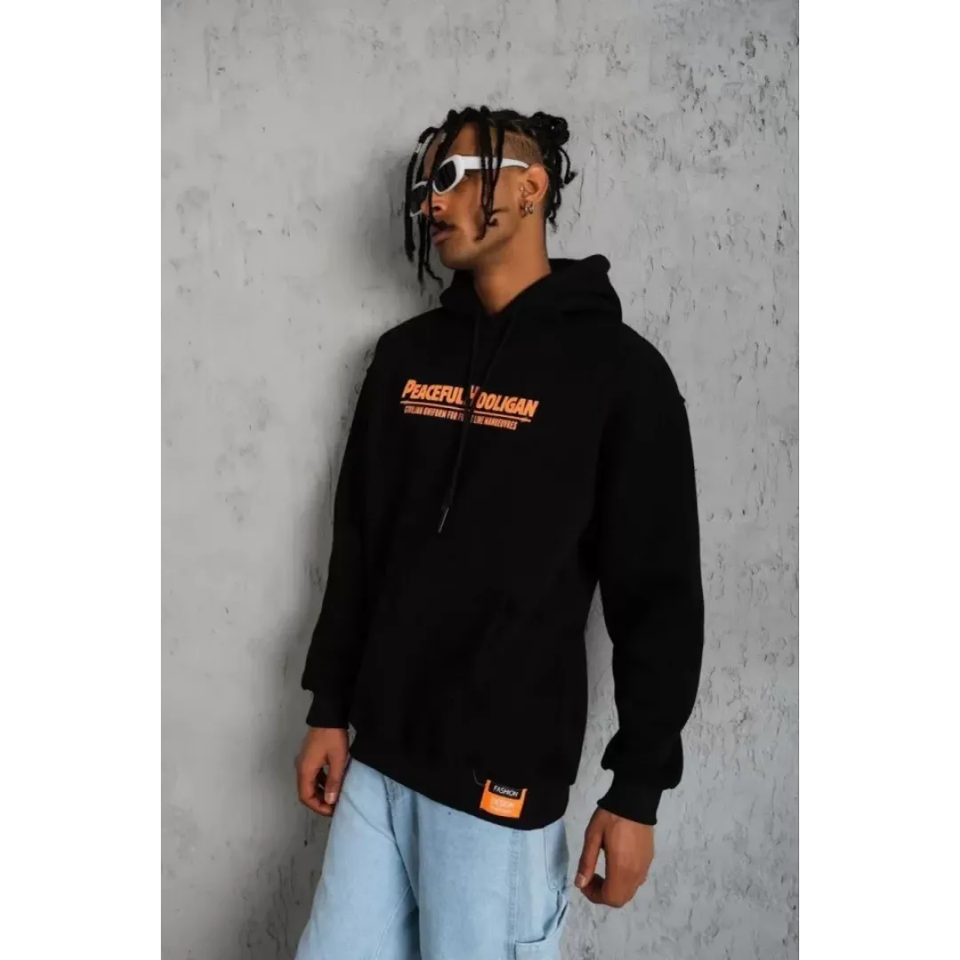 Erkek Armalı Baskılı Kapüşonlu Sweatshirt - Siyah - 92988 Erkek Armalı Baskılı Kapüşonlu Sweatshirt - Siyah - 92988