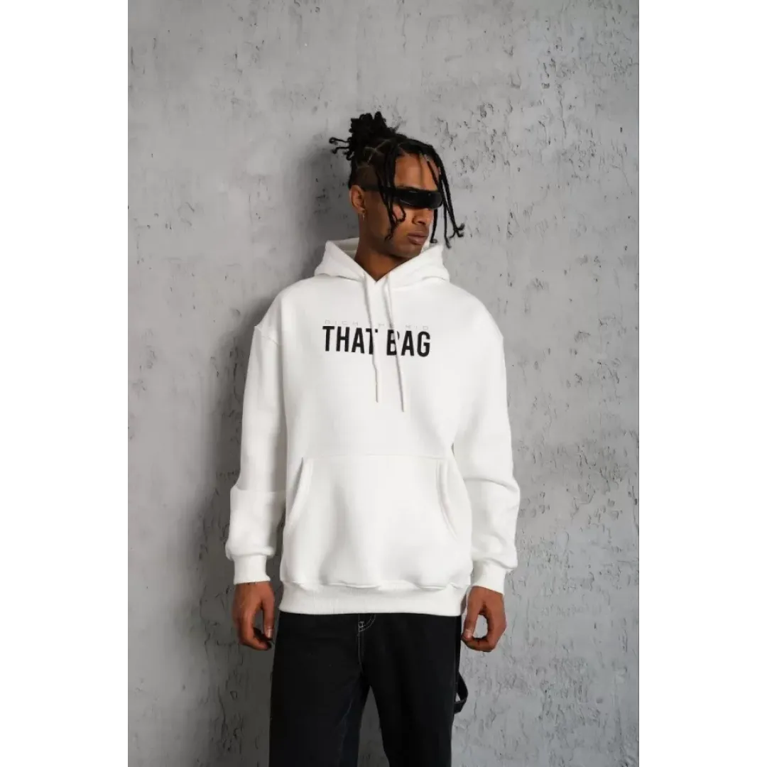 Erkek Kanguru Cep Baskılı Kapüşonlu Sweatshirt - Beyaz - 92995 Erkek Kanguru Cep Baskılı Kapüşonlu Sweatshirt - Beyaz - 92995