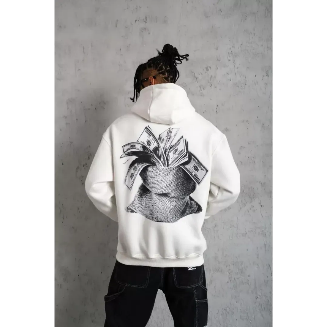 Erkek Kanguru Cep Baskılı Kapüşonlu Sweatshirt - Beyaz - 92995 Erkek Kanguru Cep Baskılı Kapüşonlu Sweatshirt - Beyaz - 92995