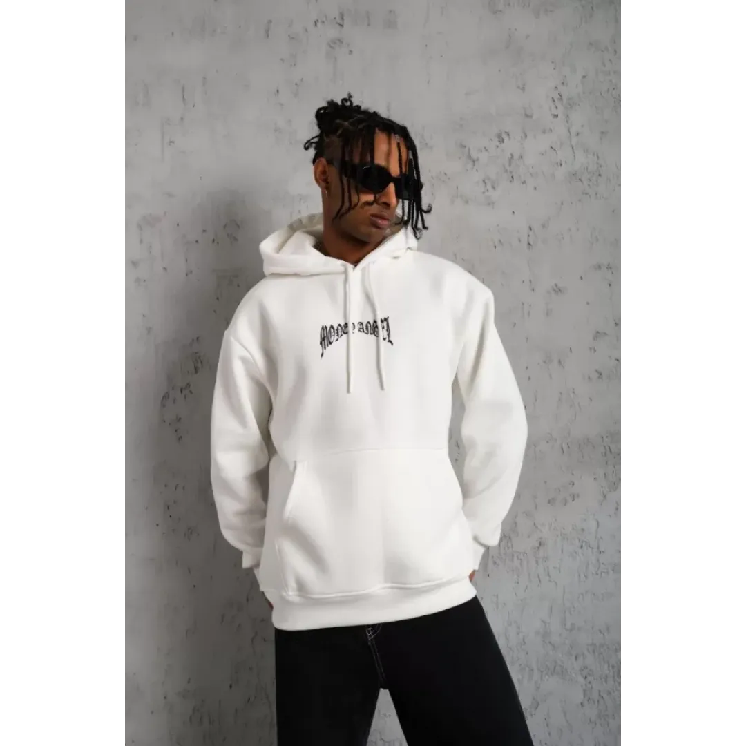 Erkek Kordon İpli Baskılı Kapüşonlu Sweatshirt - Beyaz - 93002 Erkek Kordon İpli Baskılı Kapüşonlu Sweatshirt - Beyaz - 93002