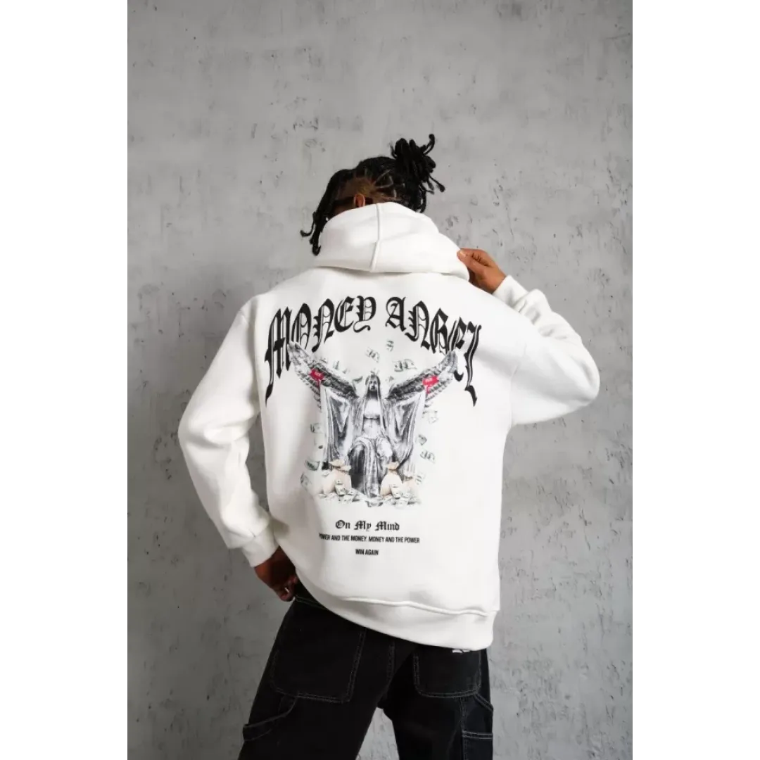 Erkek Kordon İpli Baskılı Kapüşonlu Sweatshirt - Beyaz - 93002 Erkek Kordon İpli Baskılı Kapüşonlu Sweatshirt - Beyaz - 93002