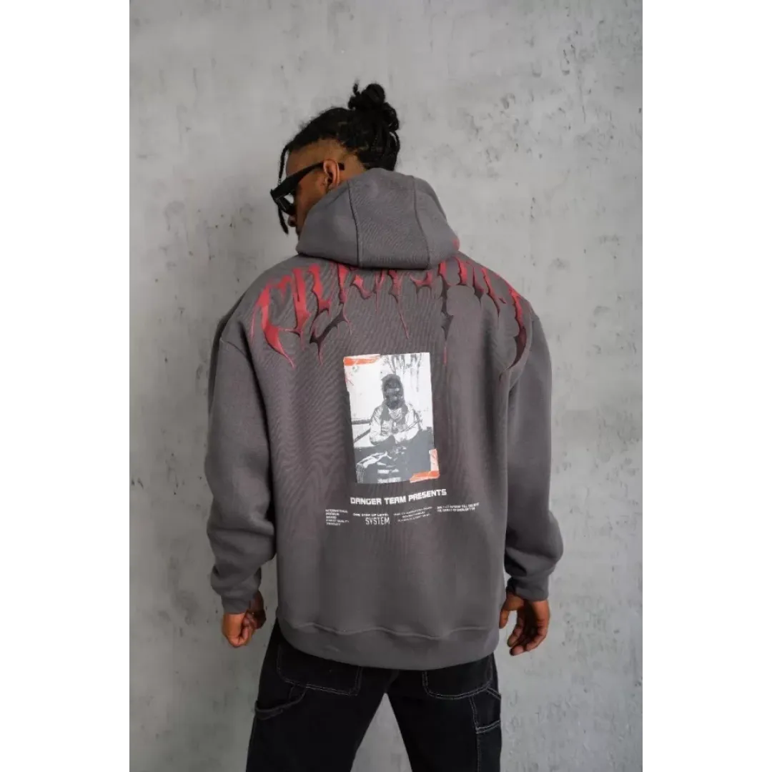 Erkek Ön Ve Arka Baskılı Kapüşonlu 3 İplik Sweatshirt - Füme - 93004 Erkek Ön Ve Arka Baskılı Kapüşonlu 3 İplik Sweatshirt - Füme - 93004