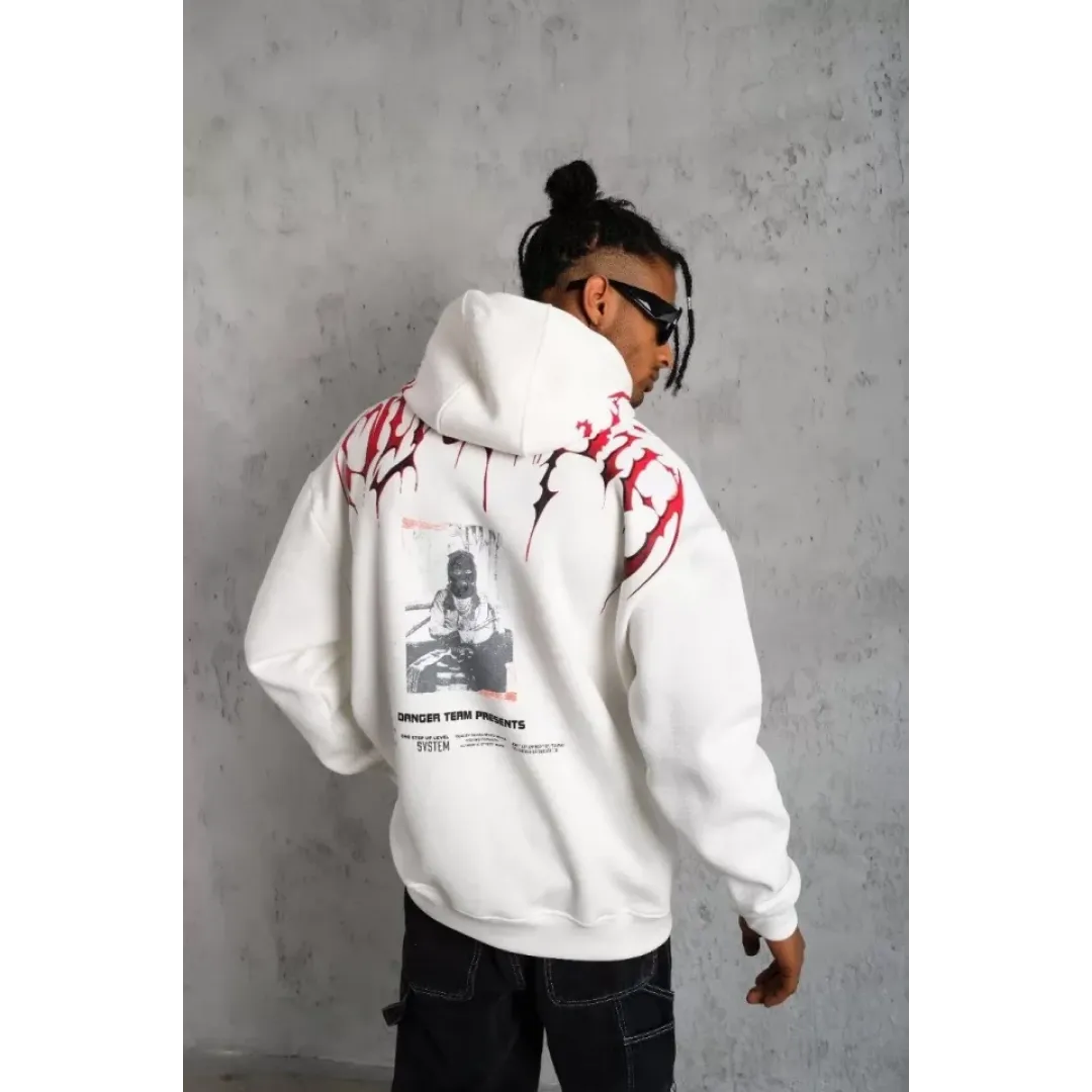 Erkek Ön Ve Arka Baskılı Kapüşonlu 3 İplik Sweatshirt - Beyaz - 93005 Erkek Ön Ve Arka Baskılı Kapüşonlu 3 İplik Sweatshirt - Beyaz - 93005