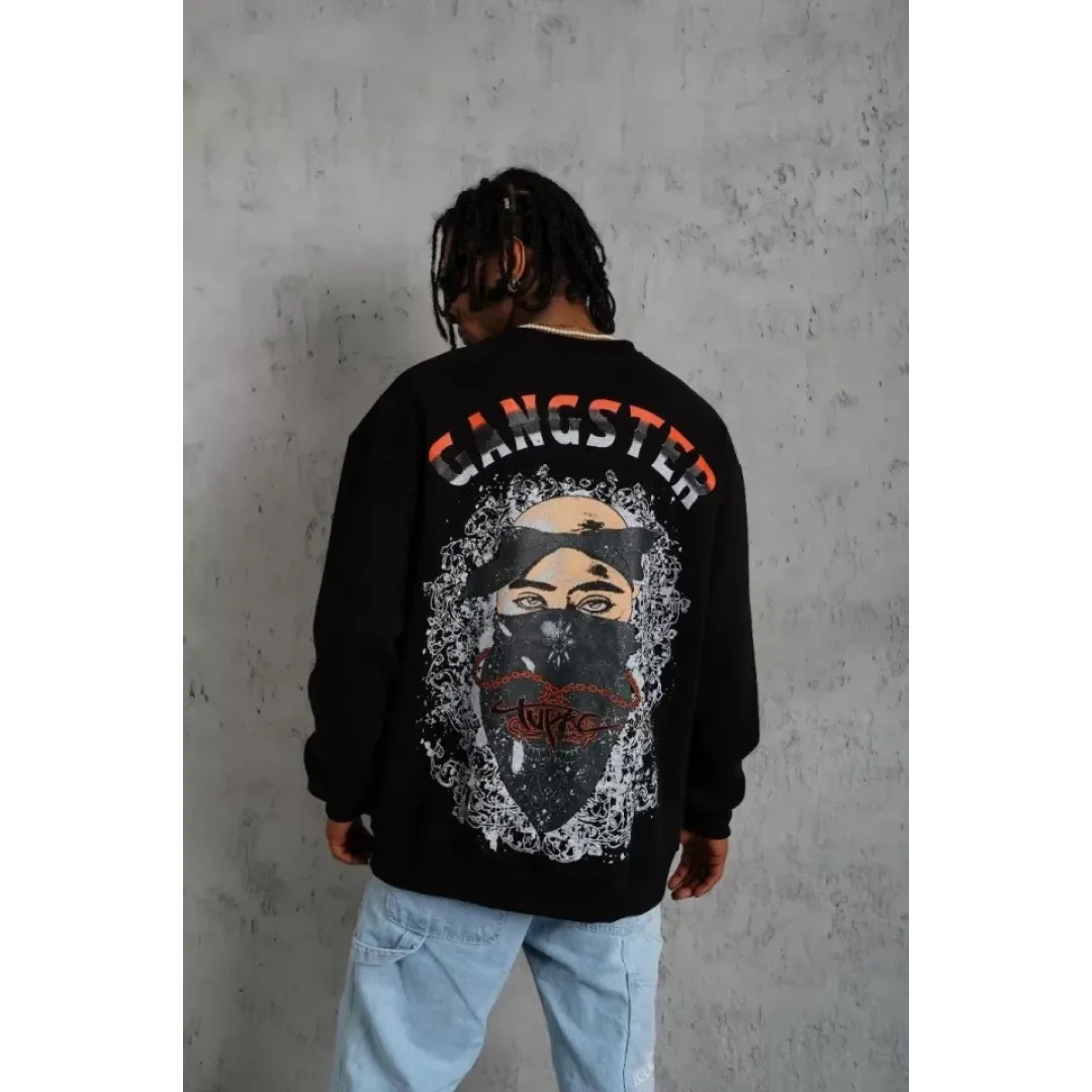Erkek 3 İplik Gangster Baskılı Sweatshirt - Siyah - 93007 Erkek 3 İplik Gangster Baskılı Sweatshirt - Siyah - 93007