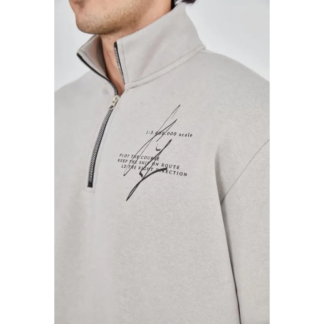 Erkek Yarım Fermuarlı Baskılı Sweat - Boyalı Gri - 93124 Erkek Yarım Fermuarlı Baskılı Sweat - Boyalı Gri - 93124