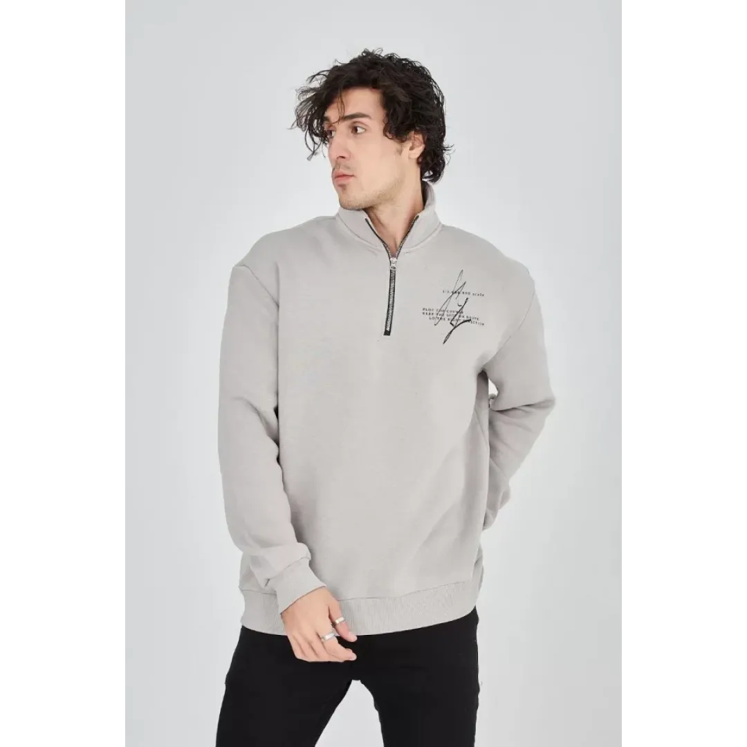 Erkek Yarım Fermuarlı Baskılı Sweat - Boyalı Gri - 93124 Erkek Yarım Fermuarlı Baskılı Sweat - Boyalı Gri - 93124