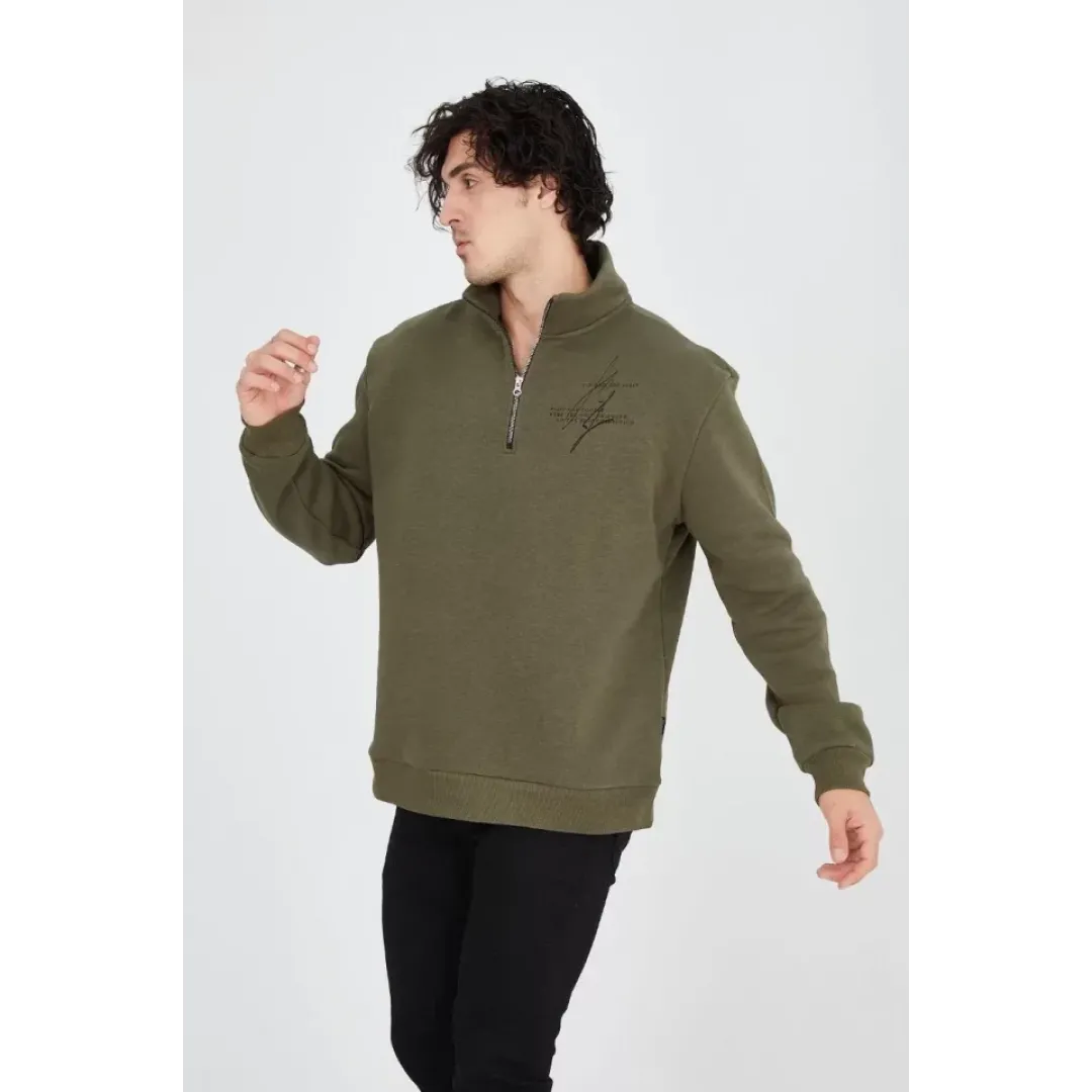 Erkek Yarım Fermuarlı Baskılı Sweat - Yeşil - 93125 Erkek Yarım Fermuarlı Baskılı Sweat - Yeşil - 93125