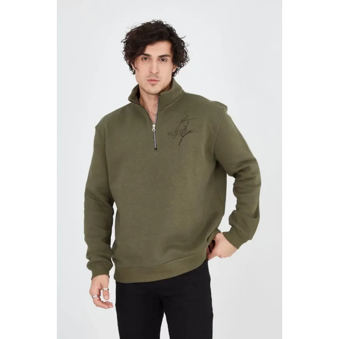 Erkek Yarım Fermuarlı Baskılı Sweat - Yeşil - 93125 Erkek Yarım Fermuarlı Baskılı Sweat - Yeşil - 93125